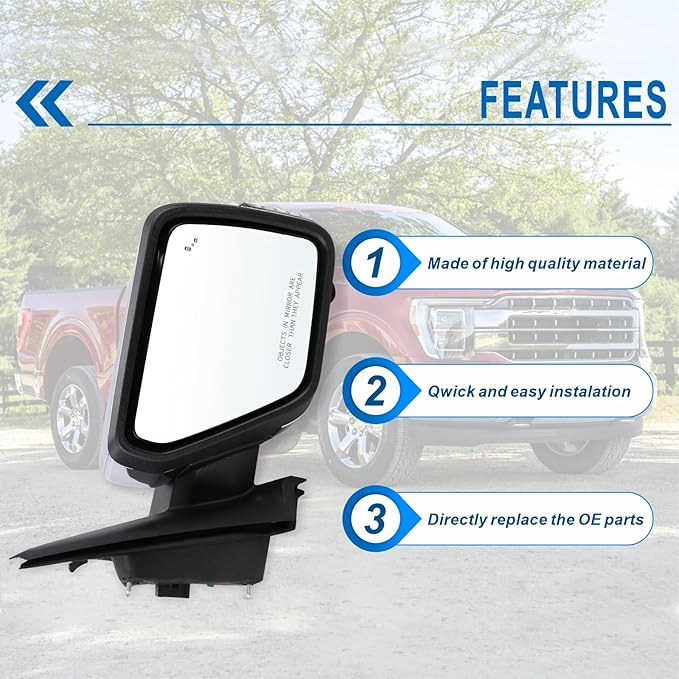 Right Passenger Side Door Mirror Fits 2021-2026 Ford F150 With Power Folding Heated Blind Spot Turn Signal Puddle Light Temperature Sensors Memory Camera Chrome Replace#ML3Z17682FF5YGY(18+1Pins)