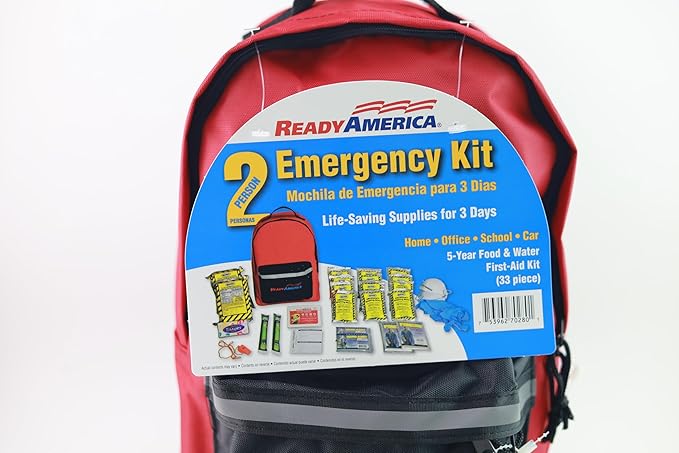 Ready America 70280 72 Hour Emergency Kit, 2-Person, 3-Day Backpack, Includes First Aid Kit, Survival Blanket, Portable Prepa