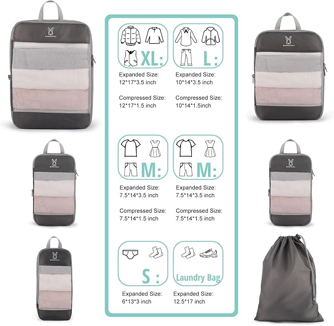 Compression Packing Cubes for Travel, Bunnychill Portable Zipper Packing Cube for Cloting, Expandable Space Saver Storage Lug