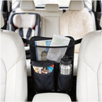 Upgraded Car Mesh Bag Elastic Seat Back Mesh Bag With Paper Towel and Handbag Bracket and Back Seat Storage Bag for Children Pets and Travel Necessities. (black)