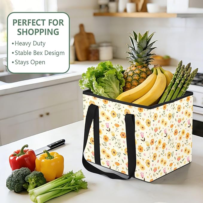 Orange Flowers Reusable Grocery Bags Large Shopping Tote Bag with Reinforced Bottom Board, Water Resistant Foldable Storage B