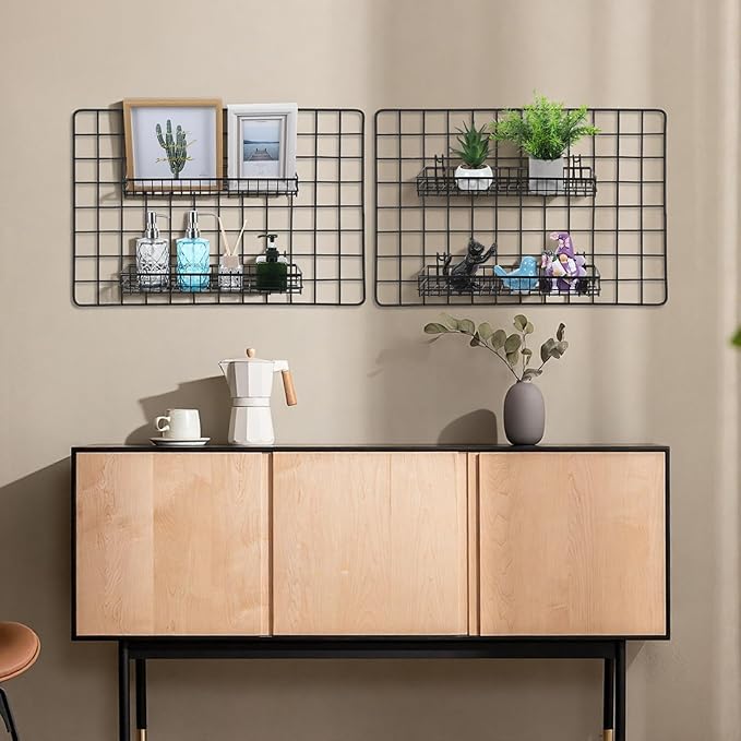 4 Pcs Black Metal Grid Wall Baskets with Hooks, Hanging Wire Storage Organizer Shelf for Kitchen Bathroom Office, 15.75 x 3.9