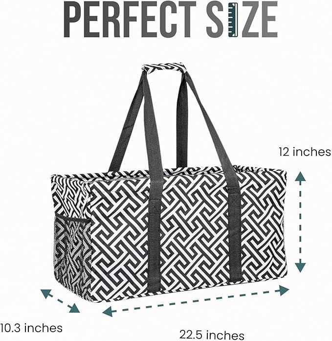 Extra Large Utility Tote Bag - Oversized Collapsible Reusable Wire Frame Rectangular Canvas Basket With Two Exterior Pockets For Beach, Pool, Laundry, Car Trunk, Storage - Geometrc Black