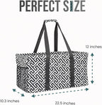 Extra Large Utility Tote Bag - Oversized Collapsible Reusable Wire Frame Rectangular Canvas Basket With Two Exterior Pockets For Beach, Pool, Laundry, Car Trunk, Storage - Geometrc Black