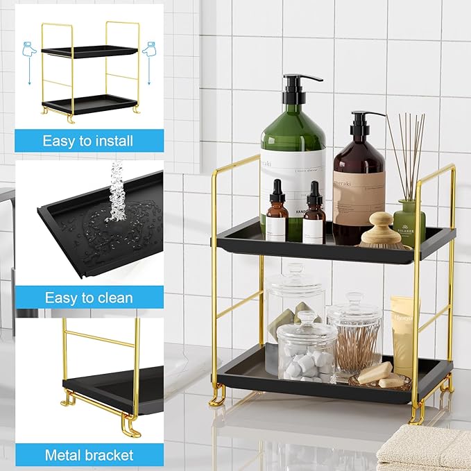 FSyueyun 2-Tier Bathroom Countertop Organizer, Tool-Less Installation Premium Plastics Makeup Shelf Organizer Perfume Skincar