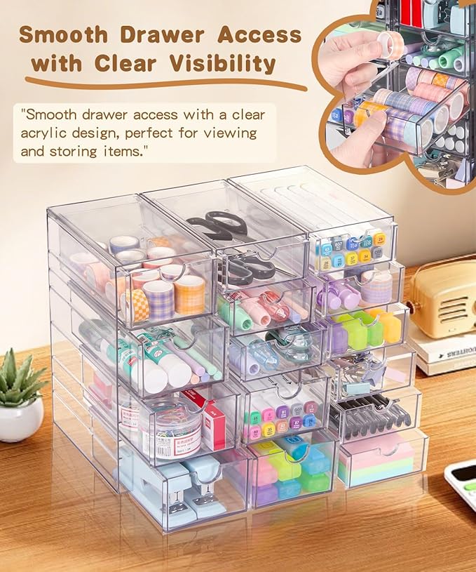VZKAH Clear Acrylic Organizer with Drawers | 15-Drawer Desktop Unit | Makeup & Desk Organization and Storage Box for Office, 