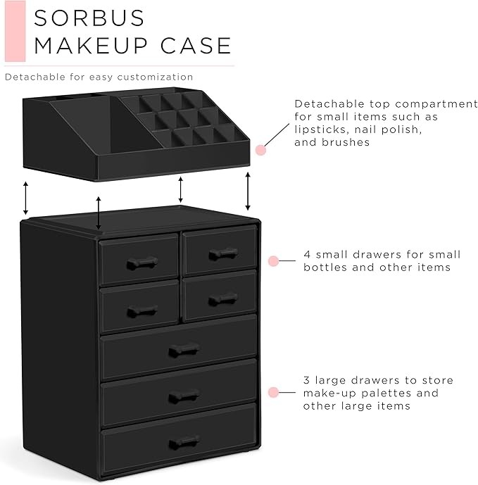 Sorbus Makeup Organizer, Brush Holder and Make Up Storage Drawers - Acrylic Makeup organizer for vanity, Bathroom - Cosmetic 