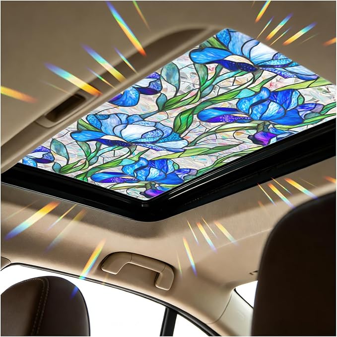 39.37×16.92 Inch Car Sunroof Stained Glass Window Film,Stylish Sunroof Sticker Static Cling Privacy Film Sun Protection,Stained Glass Sunroofs Films Car Interior Accessories
