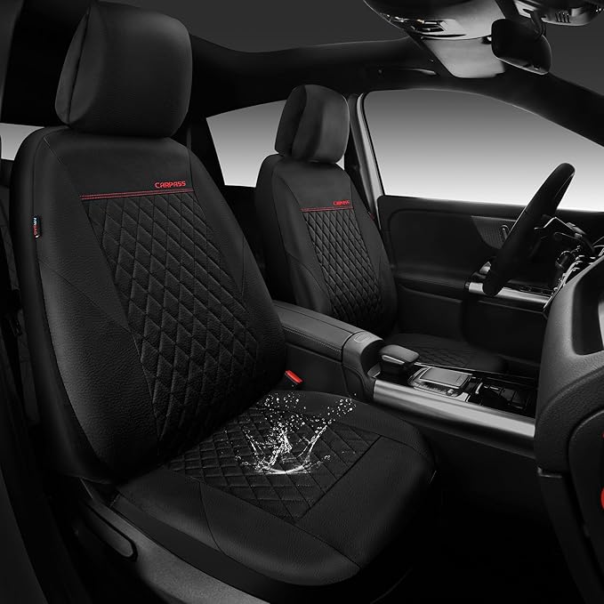 CAR PASS Quilting Faux Leather Seat Covers Full Set, Waterproof Deluxe Premium Seat Cover with 5mm Composite Sponge Inside, A