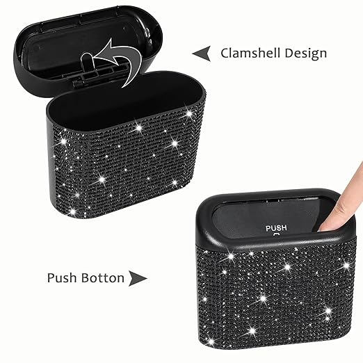 Accmor 2 Pack Bling Car Trash Can with Lid, Small Garbage Can, Auto Garbage Storage Bin with 90pcs Garbage Bags, Sparkling Crystal Trash Bags Holder for Car, Home, Office Storage (Black Rhinestone)