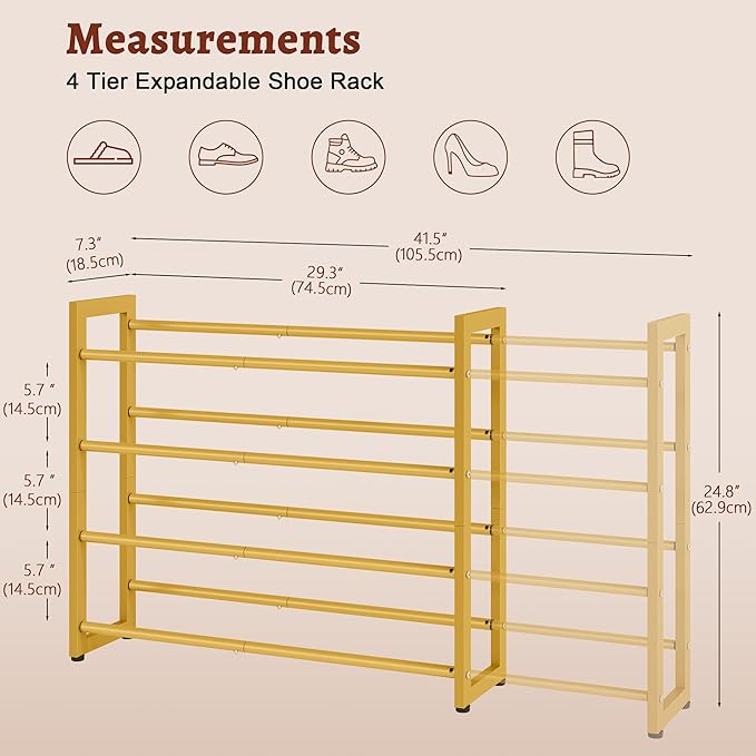 FAVOOSTY 4-Tier Expandable Shoe Rack, Adjustable Shoe Shelf Storage Organizer Space Saving Metal Free Standing Shoe Rack for 