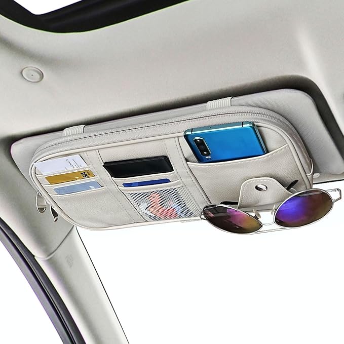 Da by Car Visor Organier Truck SUV Sun Visor Storage Pocket PU Leather Pouch Holder with Multi-Pocket Double Zipper Net Pocket, for Cards Pens Sunglasses Document (Cream Grey)