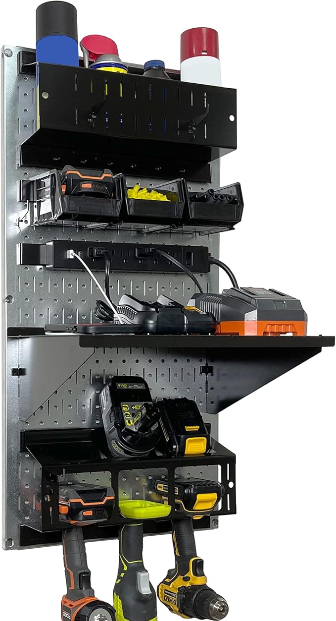 Wall Control Power Tool Storage Organizer Kit Cordless Drill Holder Charging Station Rack 16” x 32” Metal Pegboard Organizati