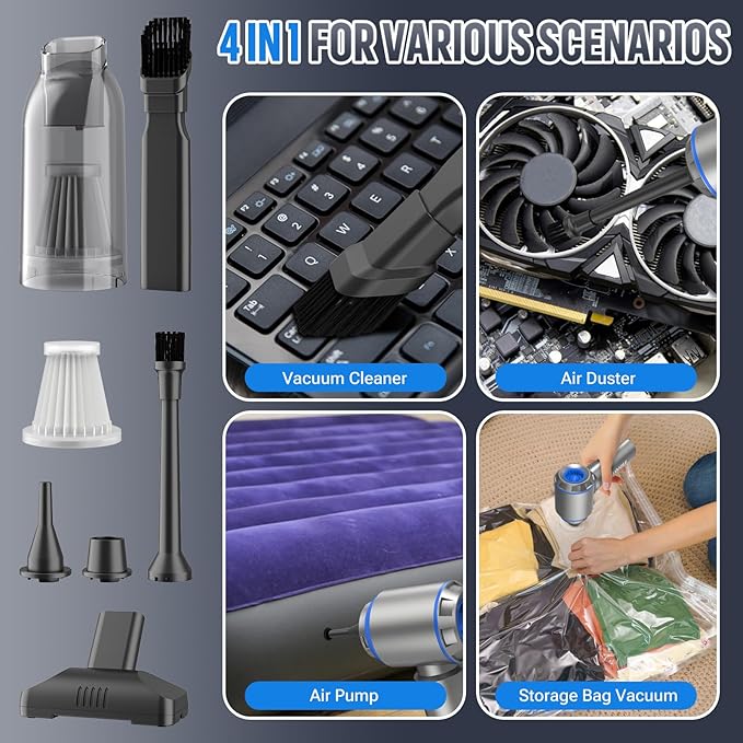 Mini Vacuum Cleaner, 2 in 1 27000PA Brushless Car Vacuum &250000RPM Air Duster 9000mAh Battery Air Blower Wireless Handheld V