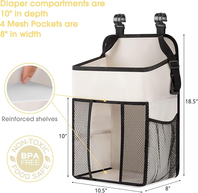 Maliton Hanging Diaper Organizer - Caddy for Changing Table, Crib, Pack n' Play - Stacker Holds 52+ Diapers - Nursery Organiz