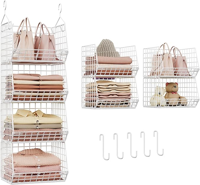 X-cosrack 4 Tier Closet Hanging Organizer, Foldable Closet Shelving with 2 Hanging Hooks 5 S Hooks, Wire Storage Basket for W