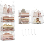 X-cosrack 4 Tier Closet Hanging Organizer, Foldable Closet Shelving with 2 Hanging Hooks 5 S Hooks, Wire Storage Basket for W