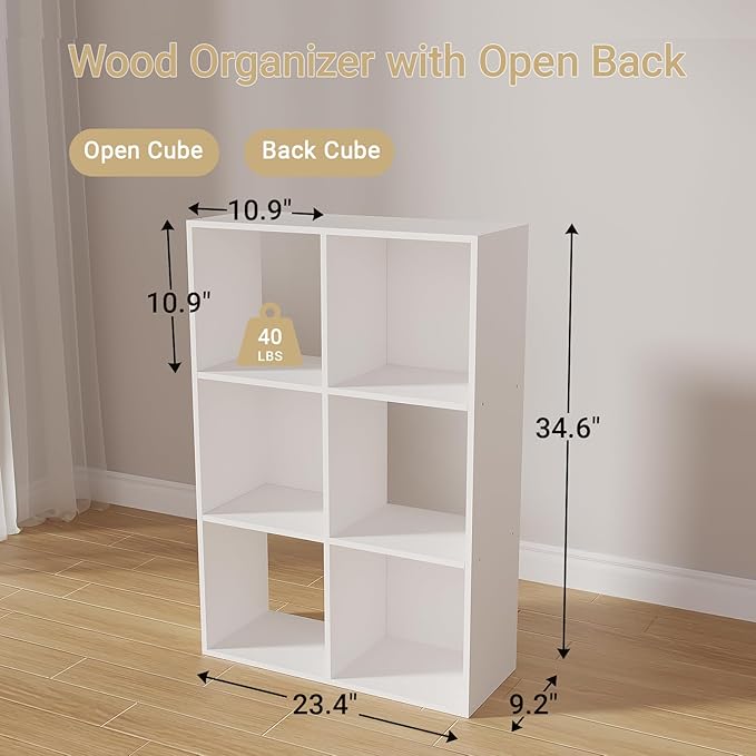 Cube Storage Organizer,Wood Organizer with Open Back,3 Tier Bookcase,Open Bookshelf for Home Office Living Room (White, 6-Cub