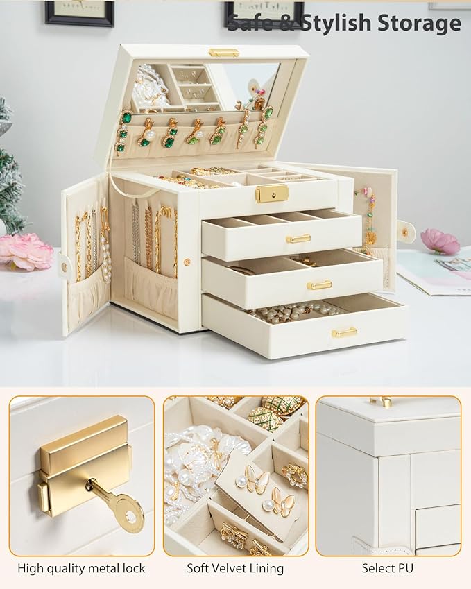 AKOZLIN Large 4-Tier Jewelry Box Leather Jewelry Storage Organizer with 3 Drawers Lockable for Women Girls Ring Necklace Earr