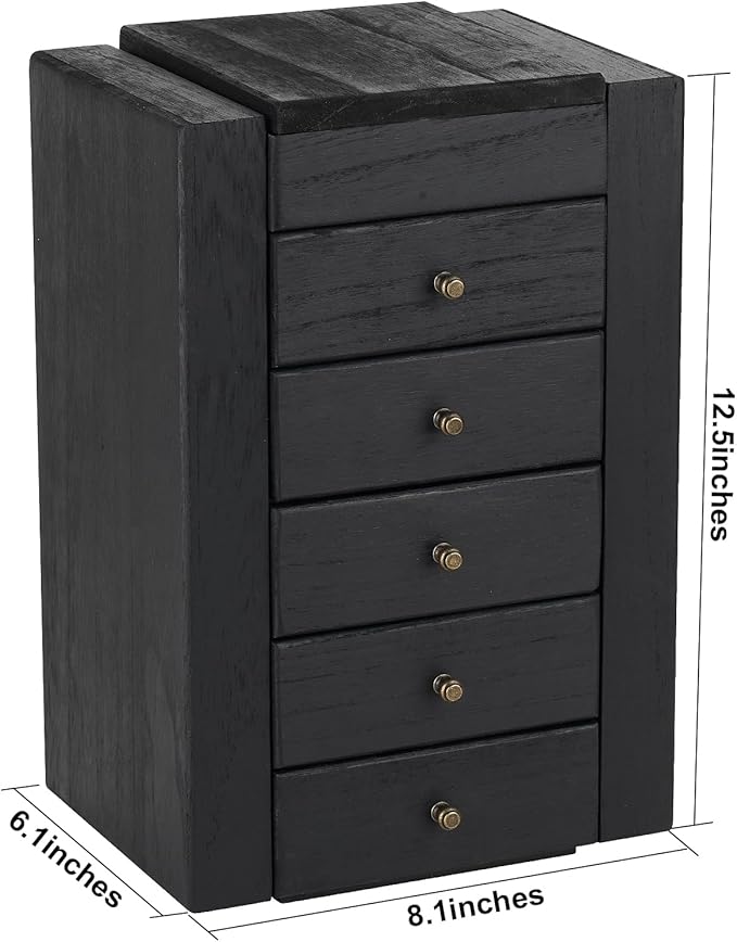 Meangood Jewelry Box Wood for Women, 6-Layer Large Organizer Box with Mirror & 5 Drawers for Rings, Earrings, Necklaces, Vint