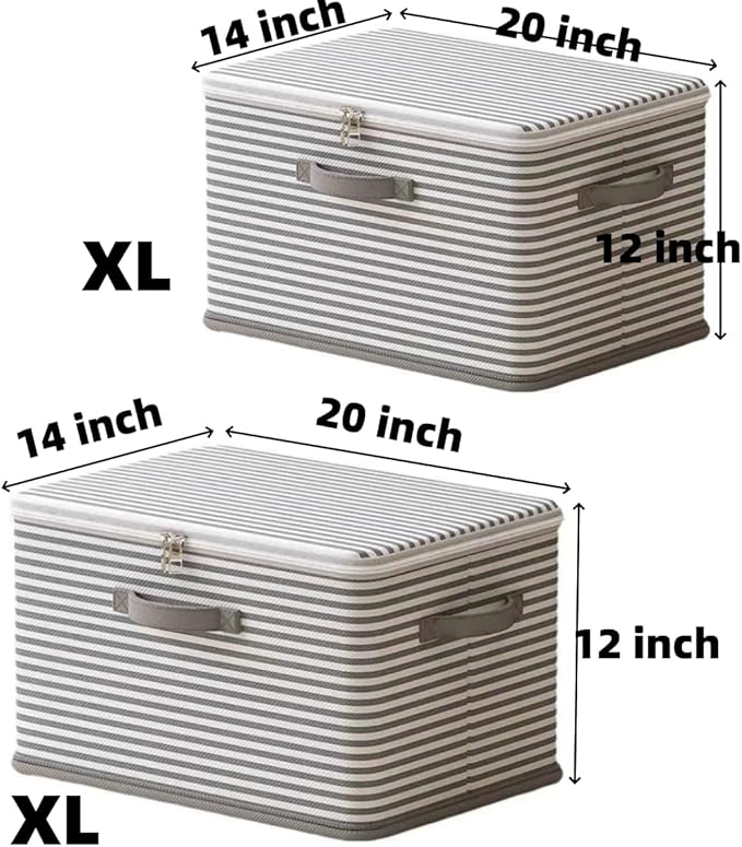 Foldable Storage Containers, Beige Striped Fabric Boxes with Lids, Stackable Closet Organizer Bins for Bedroom, Clothing Stor
