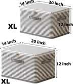 Foldable Storage Containers, Beige Striped Fabric Boxes with Lids, Stackable Closet Organizer Bins for Bedroom, Clothing Stor
