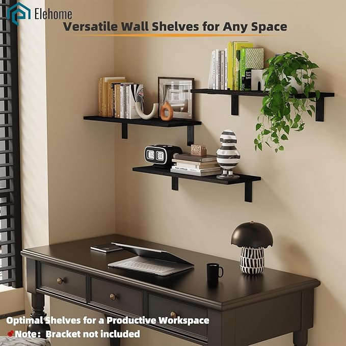 Floating Shelf Board for Wall 5/8" – No Brackets – 24" L x 12" W x 0.6" T Black Melamine Wood Floating Shelves for Bathroom, 
