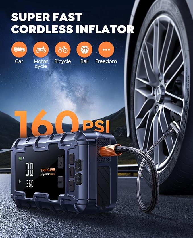 TREKURE 10-in-1 Car Battery Jump Starter Box with Jump Cables & Gloves for All Gas & 12L Diesel, 8000A Portable Battery