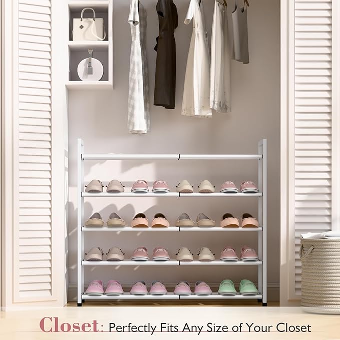 Bumusty 5-Tier Expandable Shoe Rack for Closet, 18“-33” Adjustable Shoe Rack for Small Space, Small Shoe Organizer for Front 