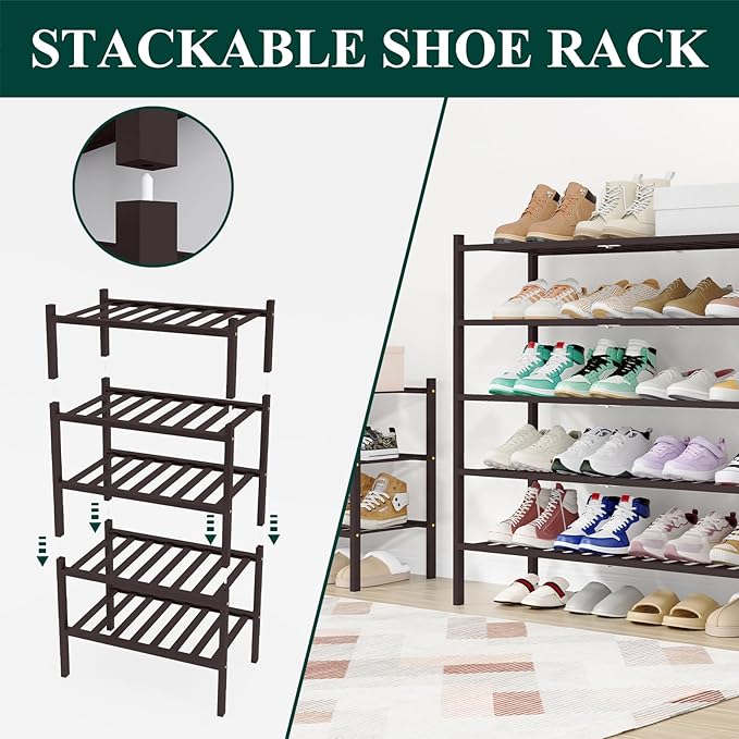 Smiry Shoe Rack, 4 Tier Long Bamboo Shoe Organizer, Stackable Free Standing Wooden Shoe Storage Shelf for Closet, Entryway, F