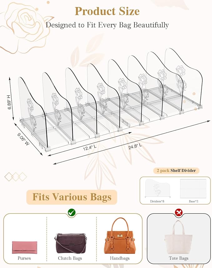 SURETIVIAN Rose Purse Dividers for Closet, 2 Pack Clear Clutch Purse Closet Organizers, Adjustable Handbag Storage Organizers