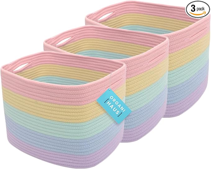OrganiHaus Set of 3 Pastel Rainbow Baskets - Colorful Woven Storage Baskets for Playroom, Nursery & Classroom Decor, Toy Stor