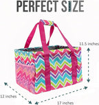 Extra Large Utility Tote Bag - Oversized Collapsible Tote with Wire Frame, Durable Reusable for Beach, Groceries, Laundry, Car Trunk, Storage and Travel - Includes 5x7 Bag with Hook - Chevron Multi