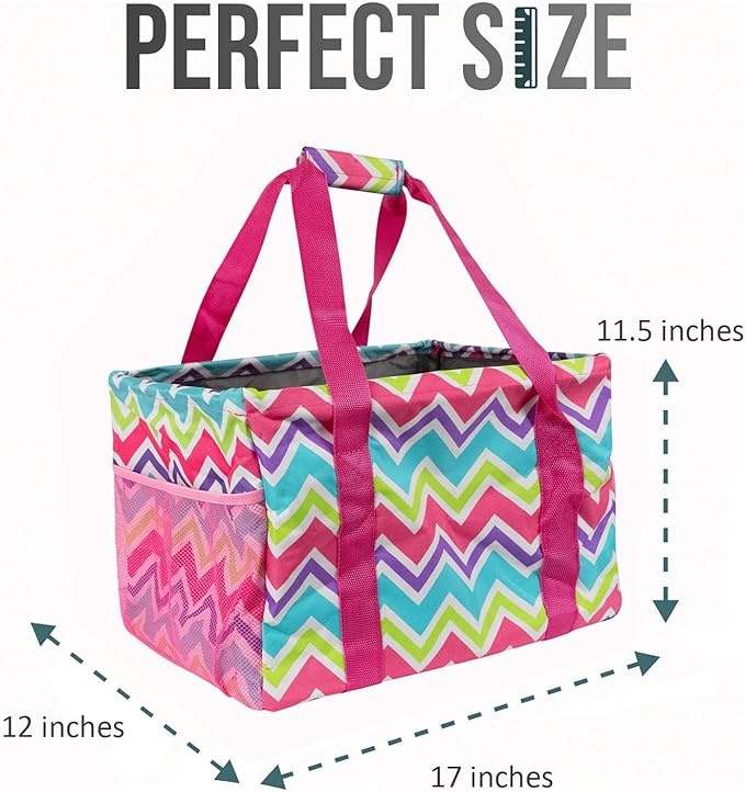 Extra Large Utility Tote Bag - Oversized Collapsible Tote with Wire Frame, Durable Reusable for Beach, Groceries, Laundry, Car Trunk, Storage and Travel - Includes 5x7 Bag with Hook - Chevron Multi