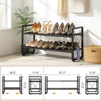 ELYKEN Shoe Rack, 2-Tier Expandable Shoe Organizer for Entryway, Metal Black Shoe Shelf with 4 Hooks, Ajustable Shoe Stand Ho