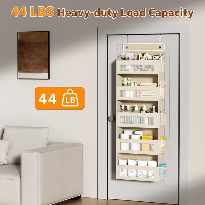 Over The Door Organizer with 5 Large Pockets, Over the Door Storage 10 Side Pocket 44 lb Load Behind Door Storage, Closet Doo