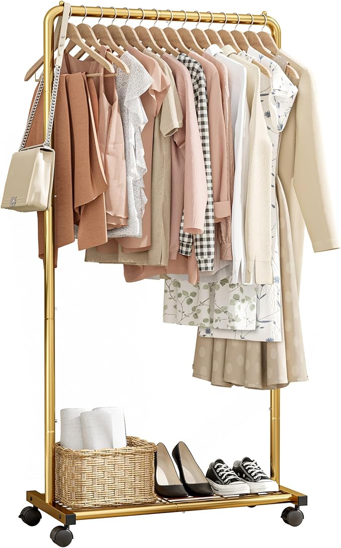 Sakugi Clothes Rack - Clothing Rack with Storage Mesh Shelf & Casters, Heavy-Duty Metal Clothing Rack for Hanging Clothes, Dr
