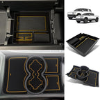 BestEvMod Upgraded V3 Armrest Storage Box and Cup Holder Lower Center Console Organizer Tray with PVC Trim Removable Coin Holder Compatible with Rivian R1T/R1S 2022-2024 (V3 Console+Lower Tray Yellow)