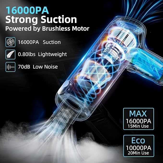 Car Vacuum Cleaner&Air Duster | 80W | 16kpa | 12KRPM | 20 Mins-Dust Cleaner Portable Cordless Vacuum Pro-Compressed Air Blowe