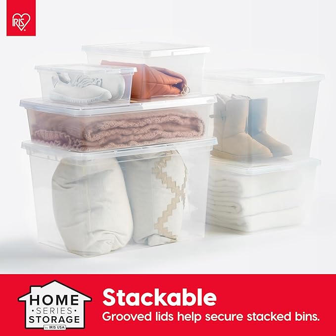 IRIS USA 4-Pack Storage Bins with Lids, 15 Quart, Shoe Boxes Clear Stackable Containers Organize Shoes Closet Shelves, Classr