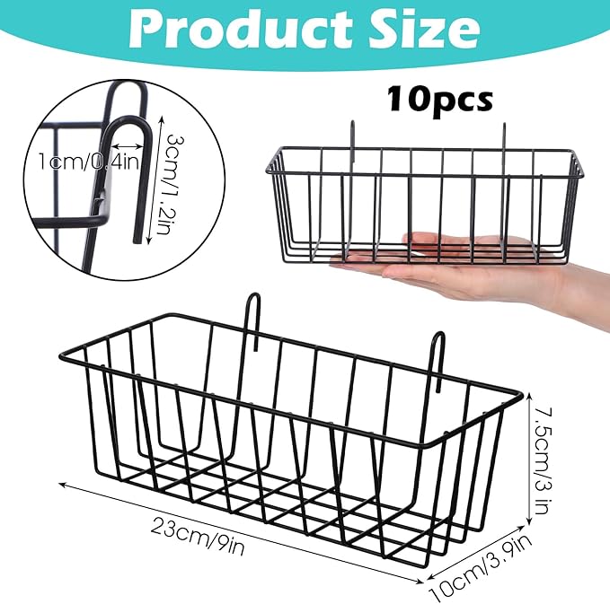 10 PCS Hanging Wire Baskets for Organizing - Hanging Metal Basket Storage with Wall Grid Panel, Rust-Resistant Iron for Kitch