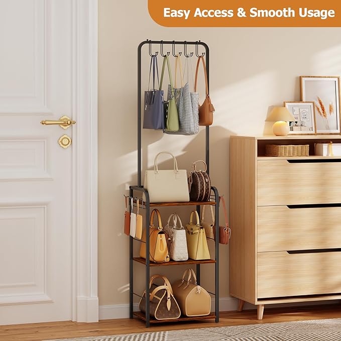 Floor-Standing Purse Organizer for Closet with 5 Hangers & 6 Side Hooks, Tall Purse Rack Stand for Purse Storage, High-Capaci