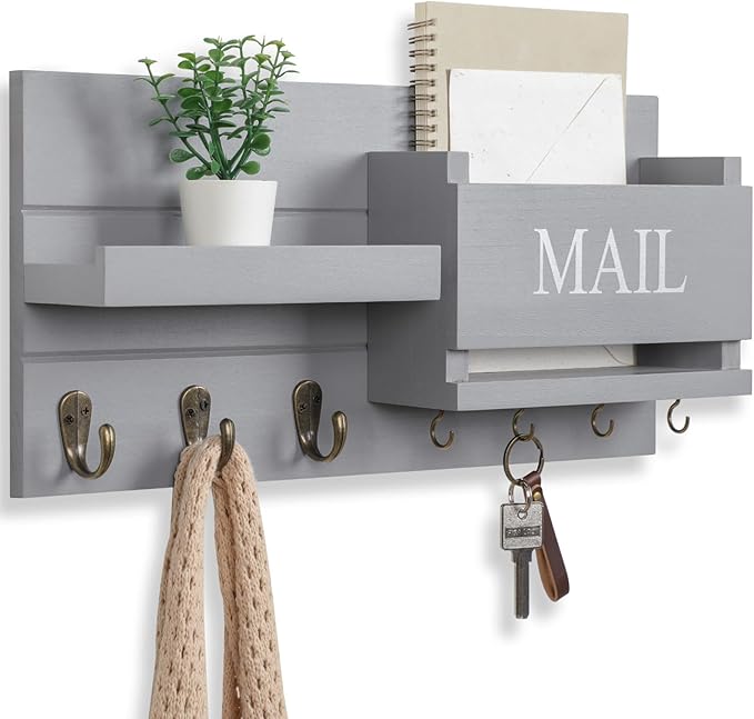Lwenki Mail Organizer for Wall Mount – Key Holder with Shelf Includes Letter Holder and Hooks for Hallway Farmhouse Decor – R