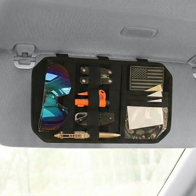 2 Pack Car Sun Visor Organizer, Auto Interior Accessories Tactical Molle Panel & PU Leather Visor Storage Pouch with Sunglasses Clip, Multi-Pocket Document Holder for Truck SUV Car Gear