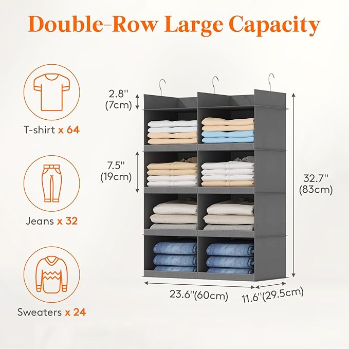 Lifewit Dual-Row Shelf Hanging Closet Organizer and Storage, Clothes Shelves with 3 Sturdy Hooks for Clothing Organization, F