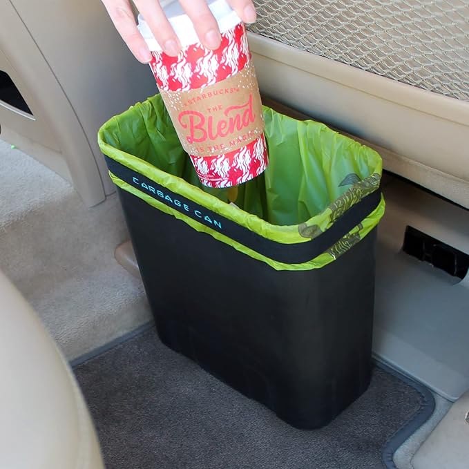Car Trash Can for Car Garbage: Car Waste Bin w/Floor Mat Clip, Bag Securement Band and Liner for Drivers and Passengers; 3 Gallon Garbage Container for Vehicle, Sedan, SUV, Van, MPV & Truck (Black)