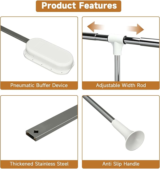 Pull Down Closet Rod White, Adjustable 33-45 inches Side Mounted Closet Rod, Two-way Buffering 60 lbs Heavy Duty Wardrobe Lif
