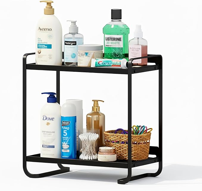 2-Tier Black Carbon Steel Bathroom Counter Organizer - Skincare Cosmetic Display Tray for Perfume, Makeup，Bathroom, Vanity St