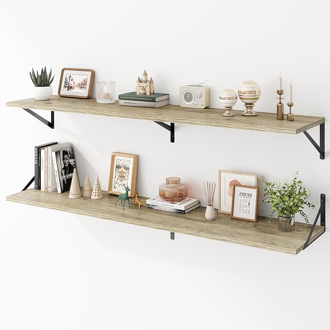 Deep Floating Shelves Wall Mounted, 55"x12" Gray Wall Shelves with Brackets Set of 2 for Bedroom, Living Room, Bathroom, Kitc