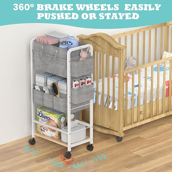 LIDTOP 2In1 Diaper Caddy & 4-Tier Rolling Diaper Cart, Diaper Caddy Organizer Cart with Dividers & Drawer, Mobile Metal Bedsi